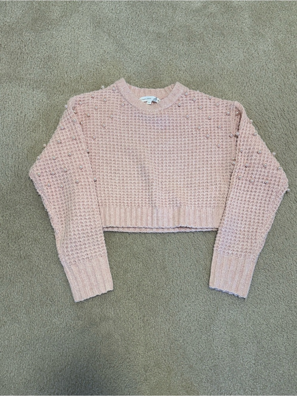 Altar'd State Pink Cropped Waffle Knit Pearl Sweater
